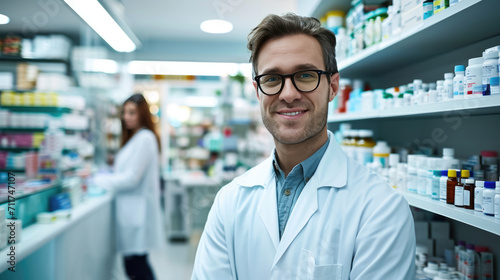 Male pharmacist is smiling at the camera with a pharmacy shelf in the background, and a colleague is slightly out of focus behind him.