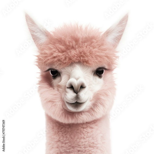 Close-up of a fluffy alpaca in a soft, dusty rose hue.