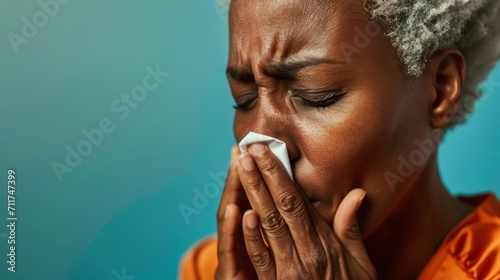 Blowing her nose into a white tissue, the afro senior woman manages a runny nose.