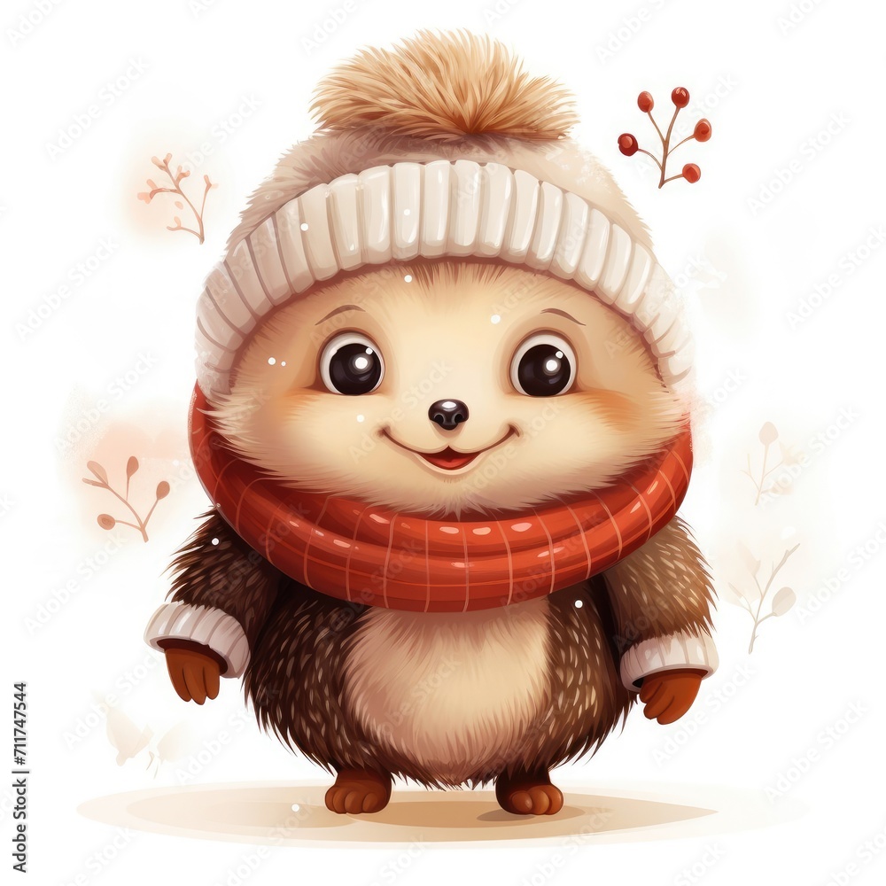 Obraz premium Illustration of a cute smiling hedgehog wearing a warm hat and scarf on a white background
