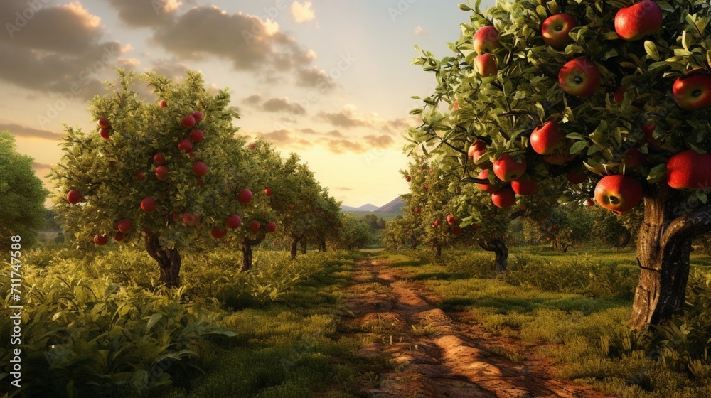 A meticulously rendered apple orchard bathed in the soft morning light, showcasing rows of laden trees adorned with crisp, red apples - Generative AI - obrazy, fototapety, plakaty 