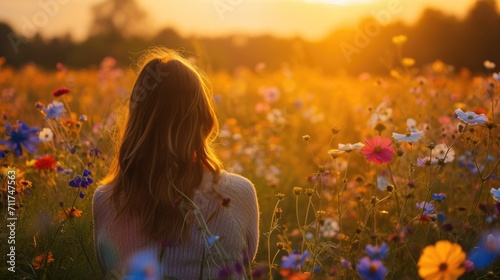 Woman on her back  contemplating a vibrant field of wildflowers in the morning light generative ai