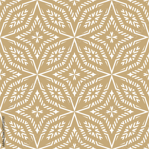Vector geometric seamless pattern. Abstract gold folk texture with ornamental grid, lattice, mesh, stars, floral shapes. Tribal ethnic motif. Elegant background. Golden luxury repeated geo design