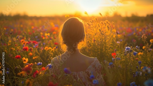 Woman on her back, contemplating a vibrant field of wildflowers in the morning light generative ai