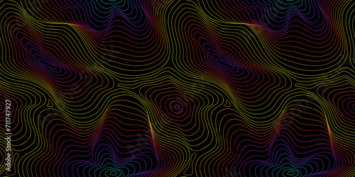 Vector fluid curved lines seamless pattern. Abstract striped background  dynamical ripple surface  3D visual effect  illusion of movement  flow. Retro 1990s - 2000s fashion style  rainbow neon colors
