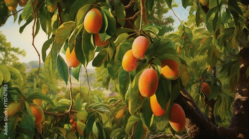 A meticulously rendered mango tree with lush green leaves and clusters of ripe mangoes, showcasing the fruit's velvety skin and vibrant color - Generative AI