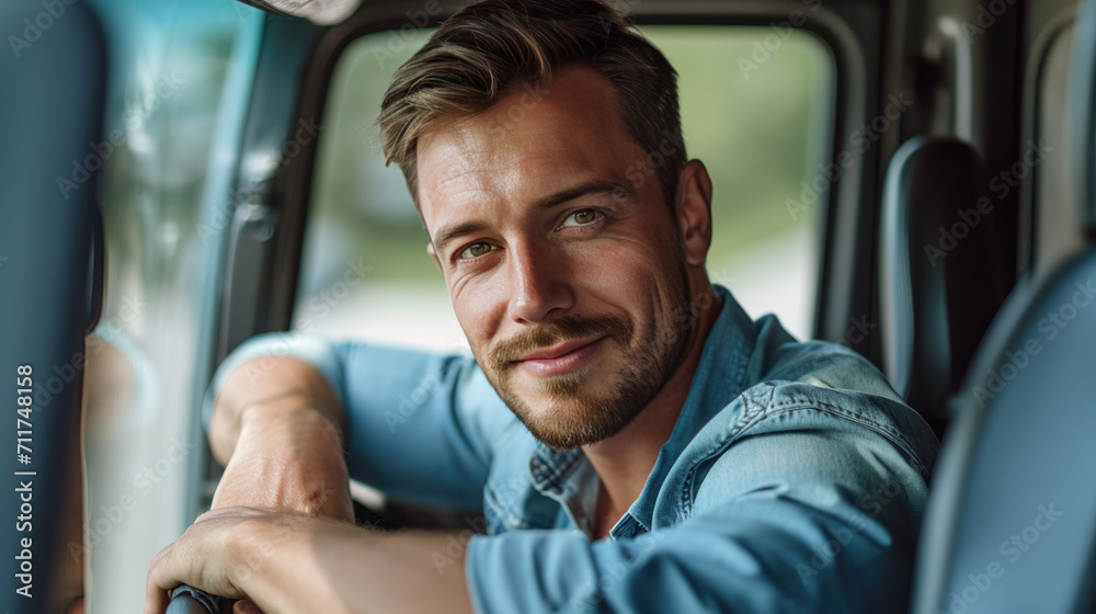 Confident man with a beard smiling at the camera while sitting in the driver's seat of a vehicle, with his hands on the steering wheel. Confident man with a beard smiling at the camera while sitting in the driver's seat of a vehicle, with his hands on the steering wheel.