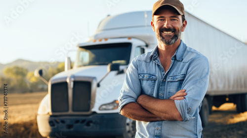 Confident male truck driver standing with his arms crossed in front of a truck, smiling at the camera during a sunny day.