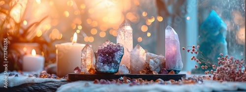 Enchanting Esoteric Altar with Quartz Crystals and Autumn Flora.