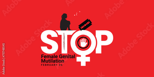 International Day of Zero Tolerance for Female Genital Mutilation Vectors. Woman handprint with razor blade silhouette icon vector. Stop FGM violence against women. 6 February. important day