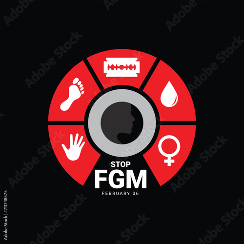 International Day of Zero Tolerance for Female Genital Mutilation Vectors. Woman handprint with razor blade silhouette icon vector. Stop FGM violence against women. 6 February. important day photo