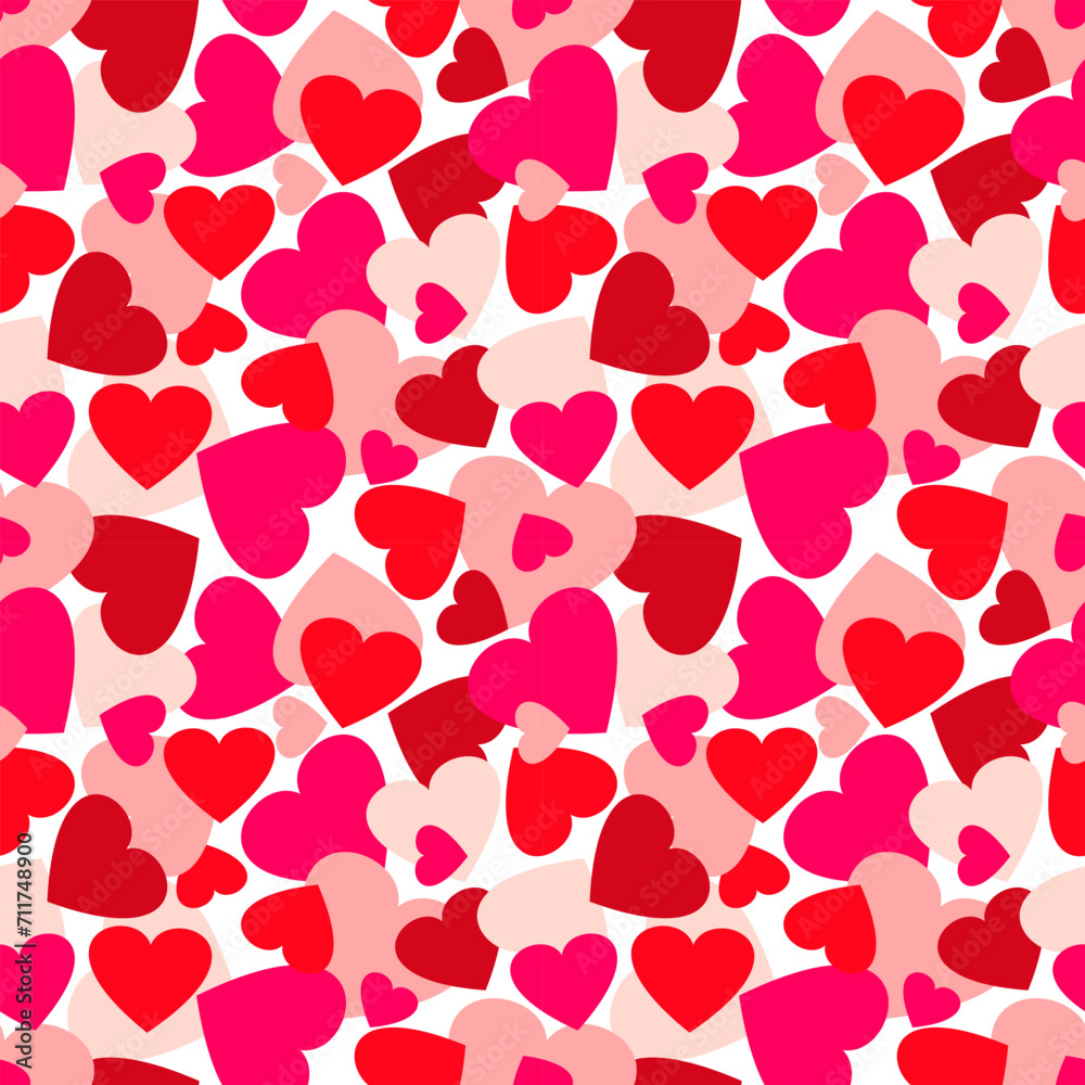 Red, pink and burgundy hearts randomly on a white background. Seamless pattern, print, vector illustration