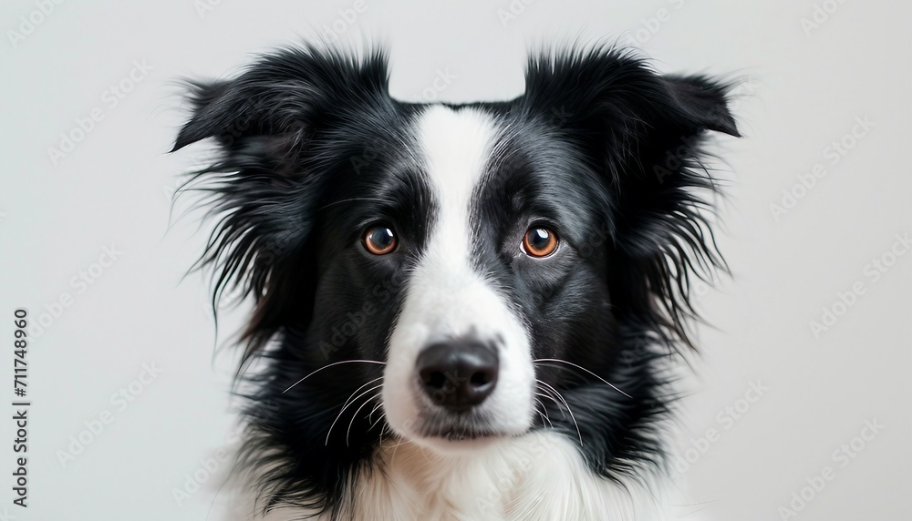 Highlight the alert and intelligent gaze of a Border Collie, emphasizing the breed's sharp instincts and agility against a neutral white background, Happy black and white border collie dog.