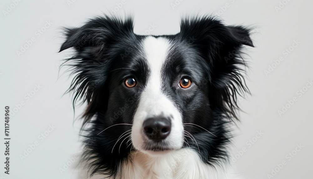 Highlight the alert and intelligent gaze of a Border Collie, emphasizing the breed's sharp instincts and agility against a neutral white background, Happy black and white border collie dog. Highlight the alert and intelligent gaze of a Border Collie, emphasizing the breed's sharp instincts and agility against a neutral white background, Happy black and white border collie dog.