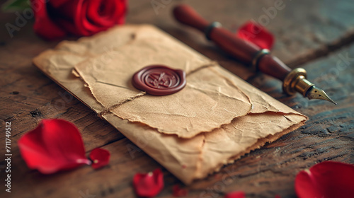 Carta Antigua Sellada con Lacre y Rosas Rojas photo