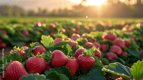 A picturesque scene of a strawberry field bathed in soft sunlight, with rows of strawberry plants stretching into the distance, creating a visually captivating landscape of agricul
