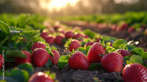 A picturesque scene of a strawberry field bathed in soft sunlight  with rows of strawberry plants stretching into the distance  creating a visually captivating landscape of agricul