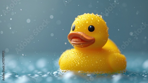  a close up of a rubber ducky in a pool of water with drops of water on the water around it. photo