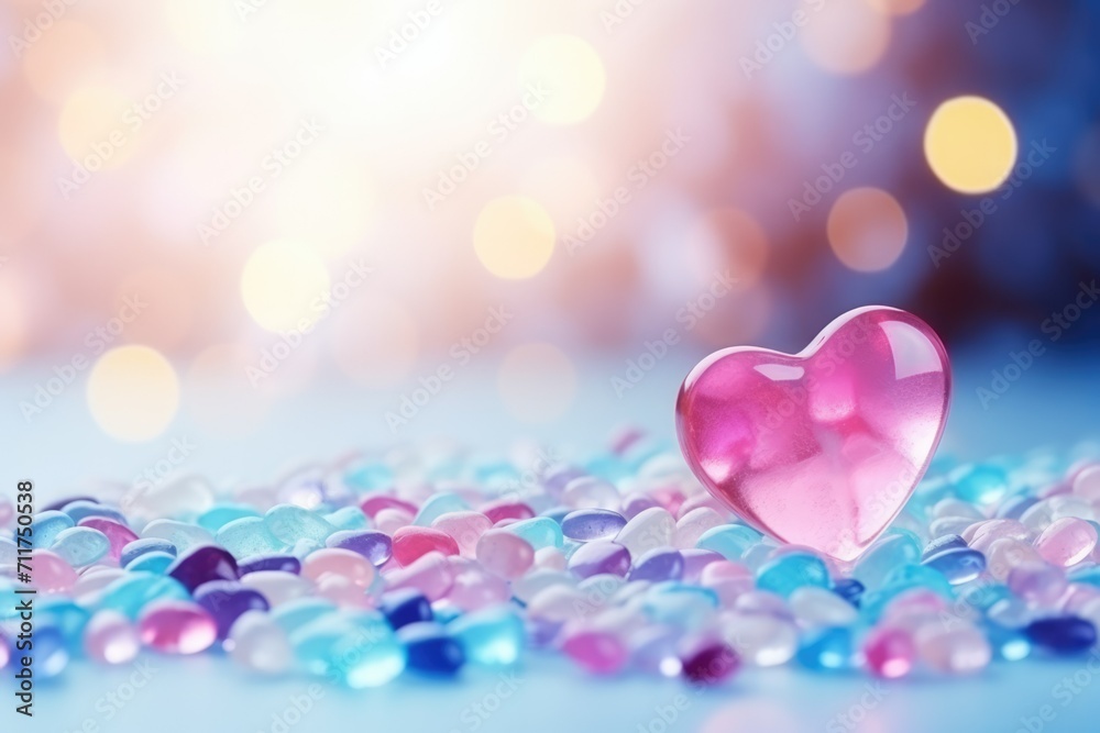 colored stones heart Pink background with free space. a heart. background. Spring mood. Banner. confetti