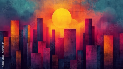 Abstract cityscape with vibrant sunset. Artistic skyline with textured brushstrokes for background use. photo