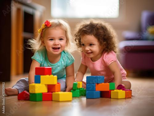 Two toddler girls sitting on the floor having fun playing with colorful blocks together. 