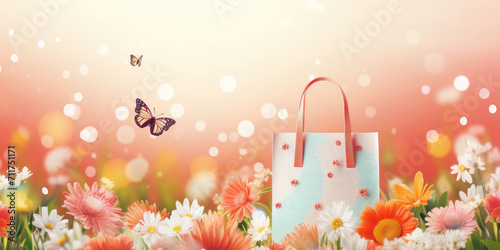 Spring theme shopping bag on pink floral background with flying butterflies.