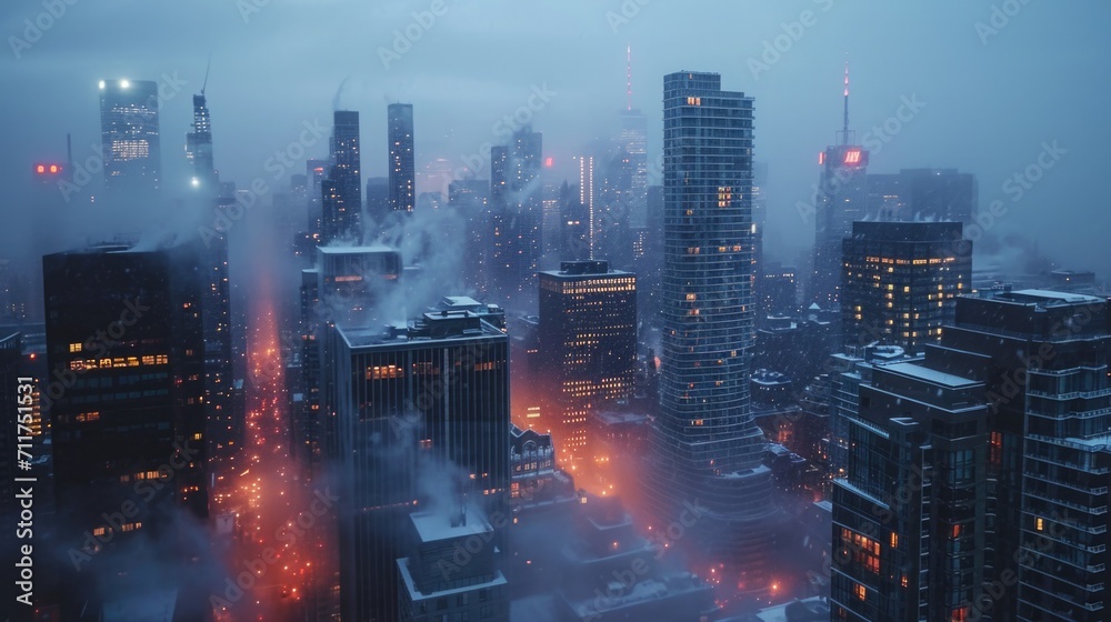 Frosty Urban Landscape, Long Shot of Skyscrapers with Frost-Covered Windows, Dawn Light Creating a Glittering Effect, Conveying the Cold Grip on the City