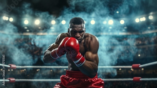 Focused boxer in ring, ready-to-fight stance, intense gaze, dynamic background, gym setting, sports theme.