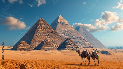  two camels stand in front of the pyramids of giza, egypt, in front of a blue sky with clouds.