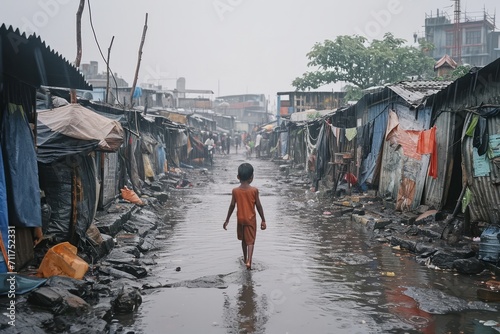 Poignant image of a child navigating a waterlogged slum street, showcasing resilience amidst urban poverty. photo