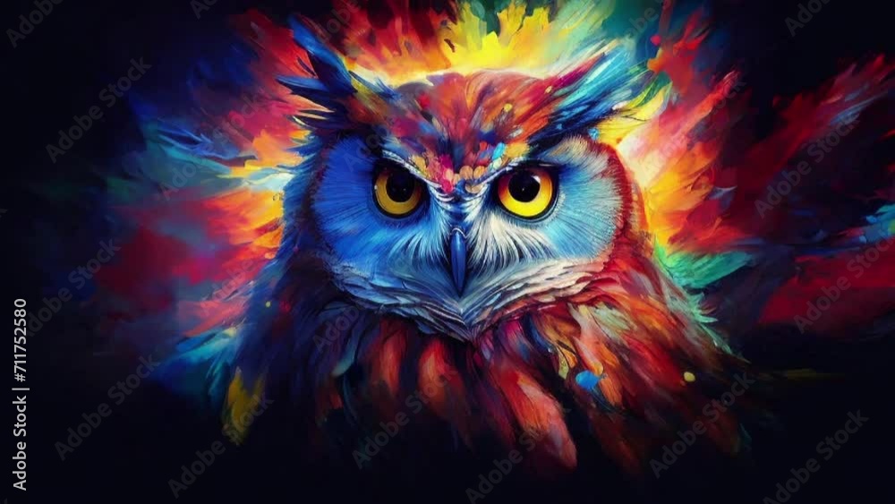 Looping Beautiful Colorful Owl Illustration on a Black Background Looping Beautiful Colorful Owl Illustration on a Black Background