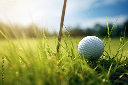 A golf ball rests in the grass, positioned close to a tee, ready for a game of golf, Golf club and ball in grass, AI Generated
