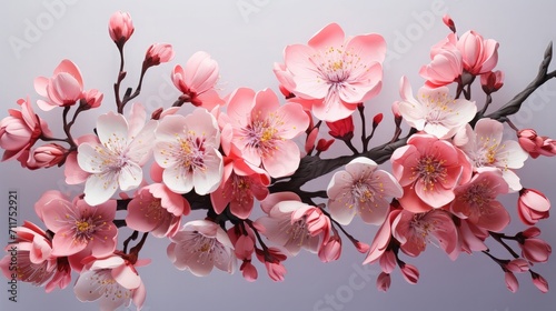 Realistic cherry blossom branch in spring with Watercolor pink sakura flower and leaves background