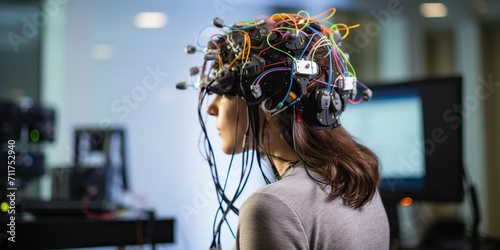 Rear view of individual wielding an eeg sensor to monitor brain waves , concept of Brain activity tracking photo