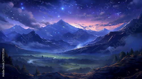 A mountainous terrain under a blanket of stars, featuring a peaceful nighttime setting with twinkling constellations and a clear night sky. - Generative AI