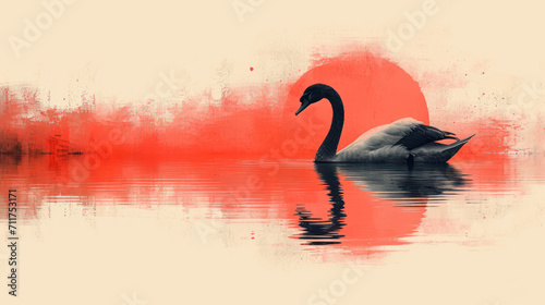  a black and white swan floating on top of a body of water with a red sun in the back ground. photo