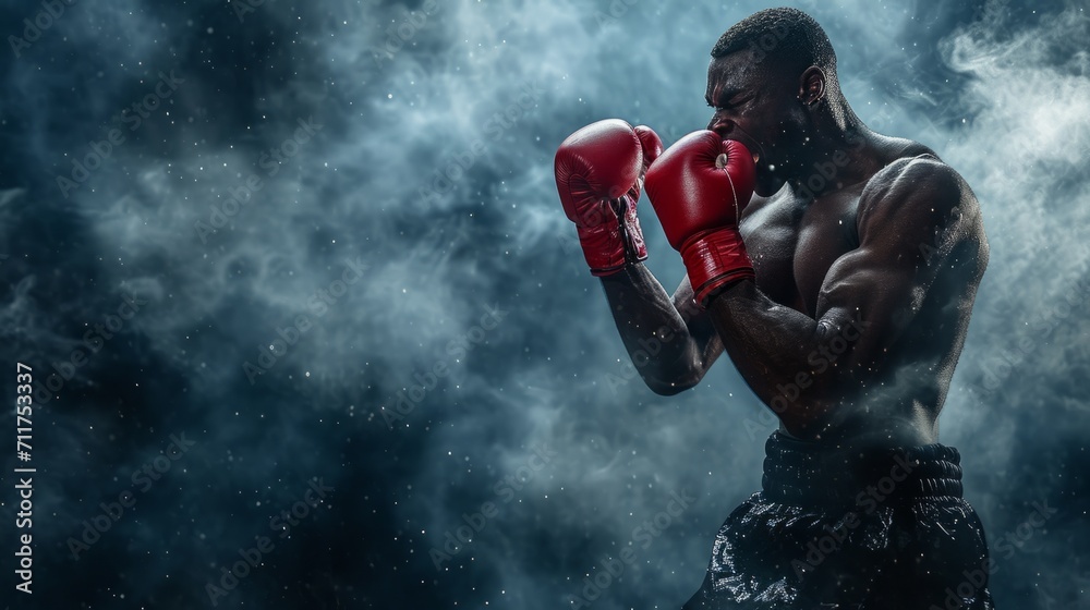 Intense boxer readying for a fight amidst dramatic mist. Perfect for sports themes and powerful narratives. - obrazy, fototapety, plakaty 