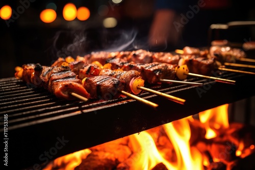 A close-up image showcasing perfectly grilled meat on skewers cooking on a grill, grilled meat skewers on the bbq rack with flames and sparks, AI Generated