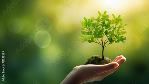 human hand holding green plant on tree