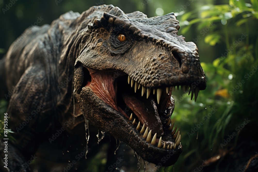 An image of Dinosaur lizzard tyrannosaur rex in the jungle open mouth Generative AI An image of Dinosaur lizzard tyrannosaur rex in the jungle open mouth Generative AI