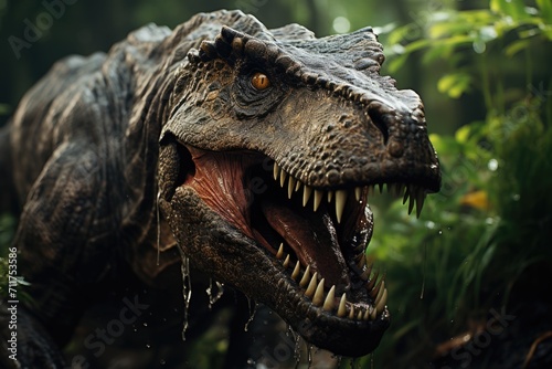 An image of Dinosaur lizzard tyrannosaur rex in the jungle open mouth Generative AI