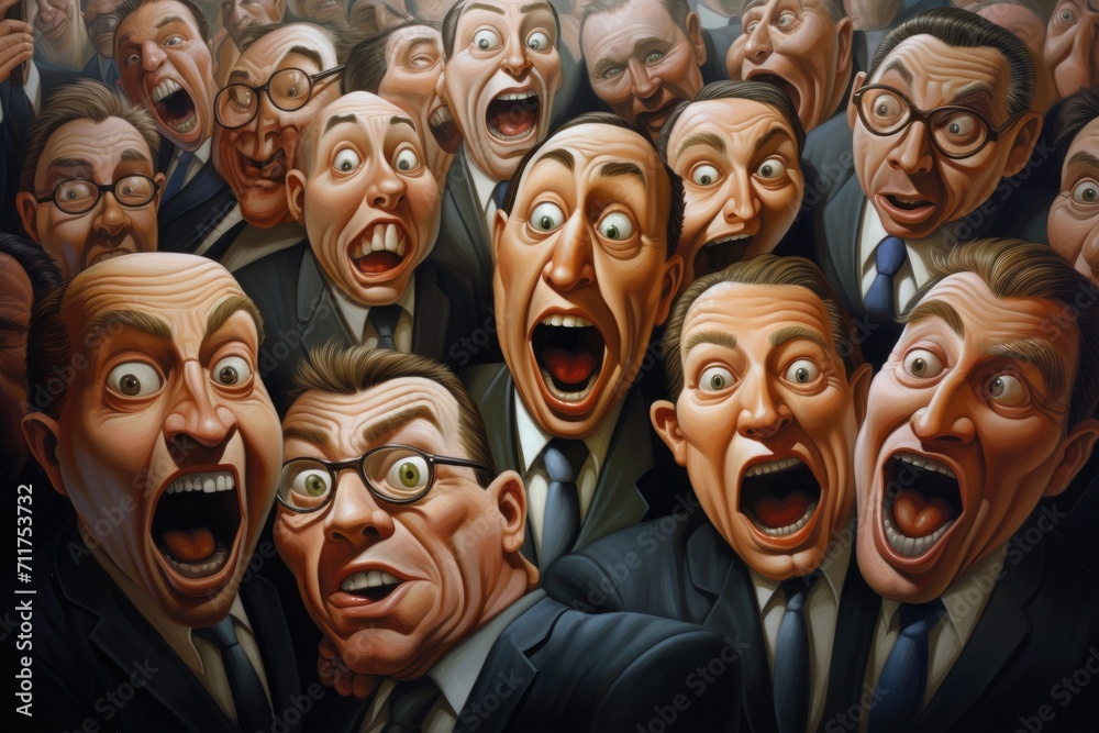 A painting depicting a group of men with their mouths wide open in astonishment, Group of businessmen have just see something they've never heard before and opened their mouths, AI Generated