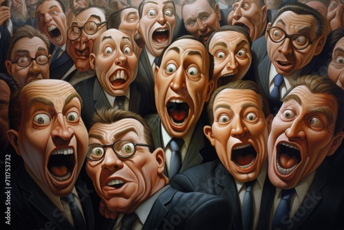 A painting depicting a group of men with their mouths wide open in astonishment, Group of businessmen have just see something they've never heard before and opened their mouths, AI Generated