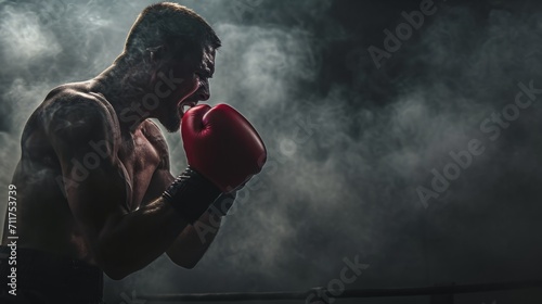 Intense boxer ready to fight, silhouetted in smoke and dramatic lighting. Ideal for sports and motivation themes. photo