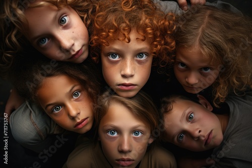 A diverse group of happy, smiling young children stand next to each other, creating a delightful and heartwarming scene, Group Of Children Looking Down Into Camera, AI Generated