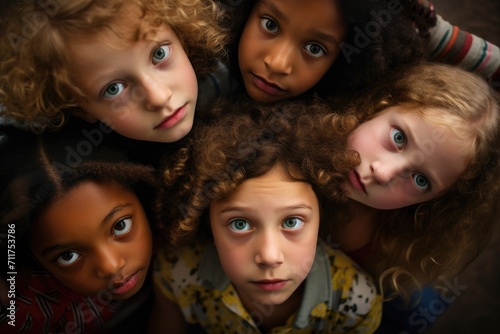 A group of little girls stand next to each other, smiling and posing for the camera, Group Of Children Looking Down Into Camera, AI Generated