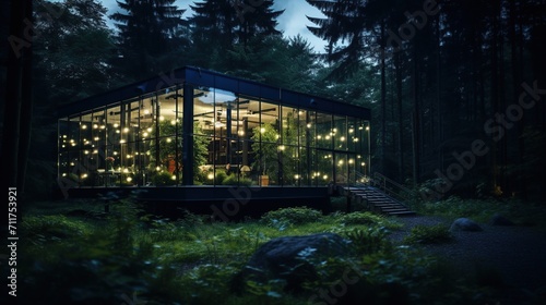 A modern glass house illuminated with string lights in a serene forest setting during twilight, creating a magical and tranquil living space.