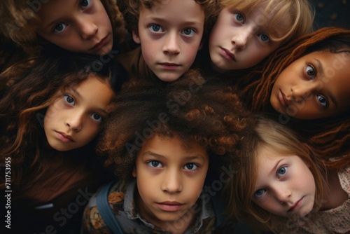 A diverse group of children, who appear happy and excited, standing side by side, Group Of Children Looking Down Into Camera, AI Generated