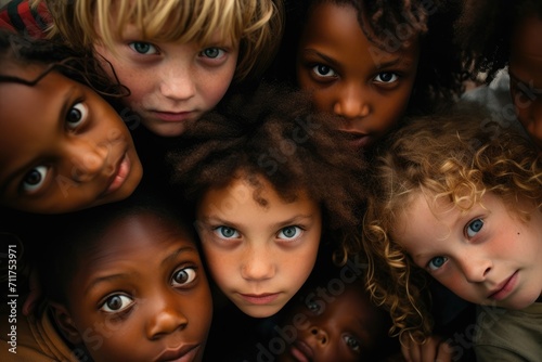 A diverse group of energetic young children standing closely together posing for a picture, Group Of Children Looking Down Into Camera, AI Generated