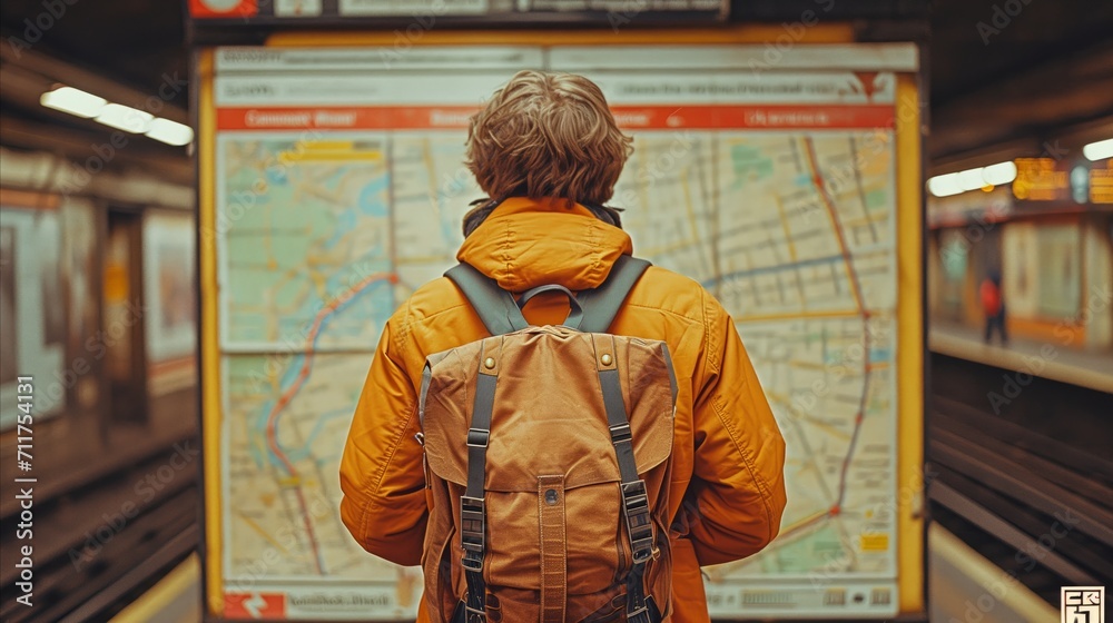 Man in orange jacket looking at subway map on platform